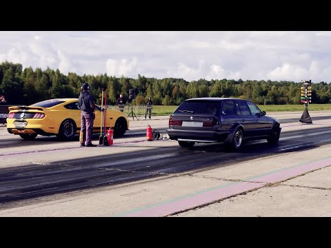 Ford Mustang GT 5.0 Supercharged vs BMW M5 E34 Touring 2JZ-GTE 1/4 mile drag race