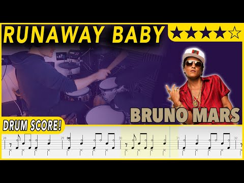 Runaway Baby - Bruno Mars | DRUM SCORE Sheet Music | #630 DRUMSCRIBE