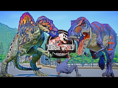 Spinosaurus vs Tyrannosaurus REX, King Shark, Indominus REX Dino Fight 🌍 JURASSIC WORLD EVOLUTION