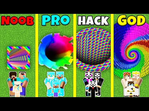 Minecraft Battle: NOOB vs PRO vs HACKER vs GOD: RAINBOW TUNNEL PIT HOUSE BUILD CHALLENGE / Animation