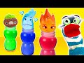 Fizzy Helps Disney Pixar Elementals Ember, Wade And Clod Stuck In Slime Bottles | Fun Kids Videos