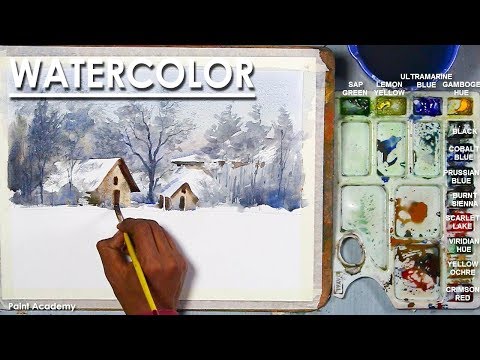Winter Barn Watercolor Painting | easy steps to follow step by step Drawing to Coloring