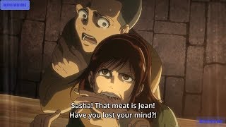 Sasha becomes aggressive after serving meat,Funny Scene,Attack On Titan Season 3 49, 進撃の巨人 13
