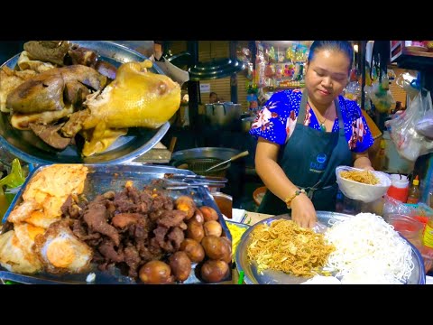 Morning yummy Khmer food, walking tour at Phnom Penh traditional Market street food