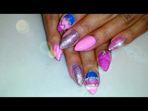ACRYLIC NAILS TUTORIAL | Pink & Blue Nail Design w/ Gems! Video