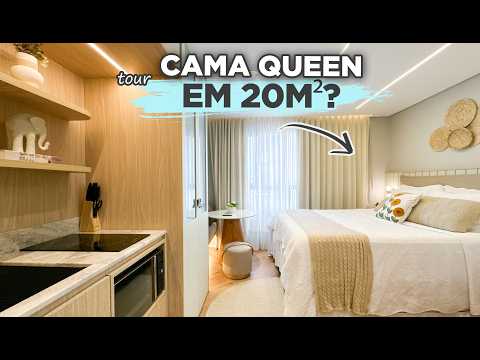 He put a QUEEN BED in the 20m² STUDIO with a HUGE BATHROOM and even a DINING TABLE | Gaby Garcia