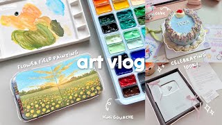 art vlog 🌼 painting a yellow flower field using gouache 🎨 celebrating 100k, silver plaque unboxing 🎁