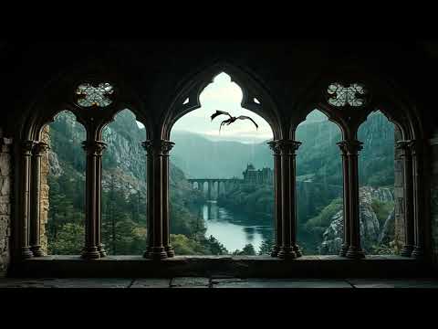 4K Rainy Medieval Castle Window View | Dragon Flying Outside & Cozy Thunderstorm Ambience