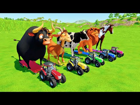TRANSPORTING GIANT FERDINAND COWS, GOATS, HORSES, SHEEPS, LIONS WITH COLORED TRACTORS - FS22