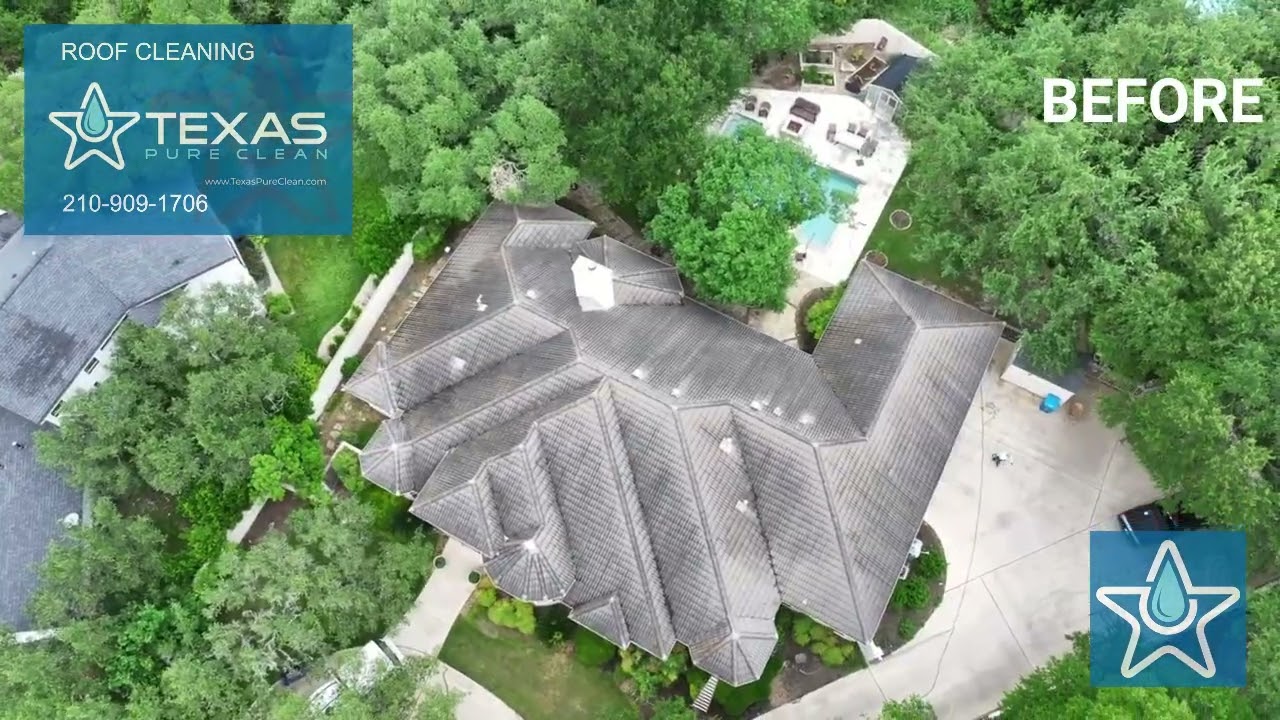 Drone flyover of a Shavano Park roof before and after soft wash cleaning