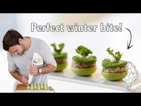 Perfect winter bite or amuse! | Kale meringue with confit shallot & crispy bacon