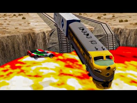 Trains vs Giant Lava Crater – BeamNG.Drive
