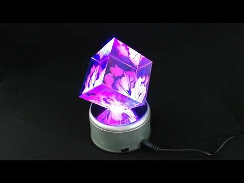 3d photo crystal cube with rotating led light base