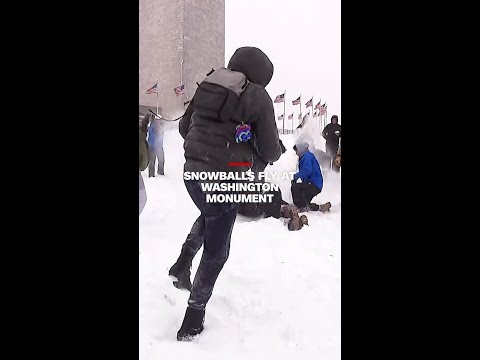 Snowballs fly at Washington Monument