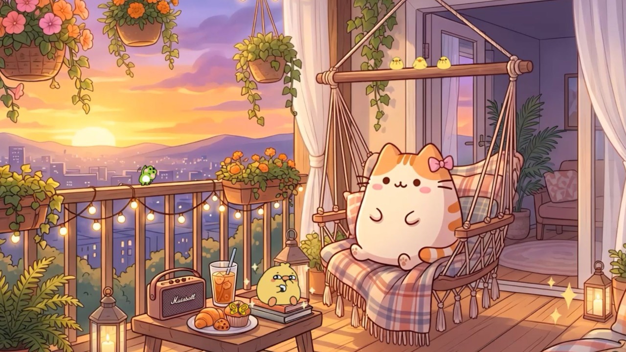 Pusheen's Sunset Balcony 🌅 Chill Lofi Beats for Relaxing & Peaceful Evenings 🌿 Cozy City Ambience