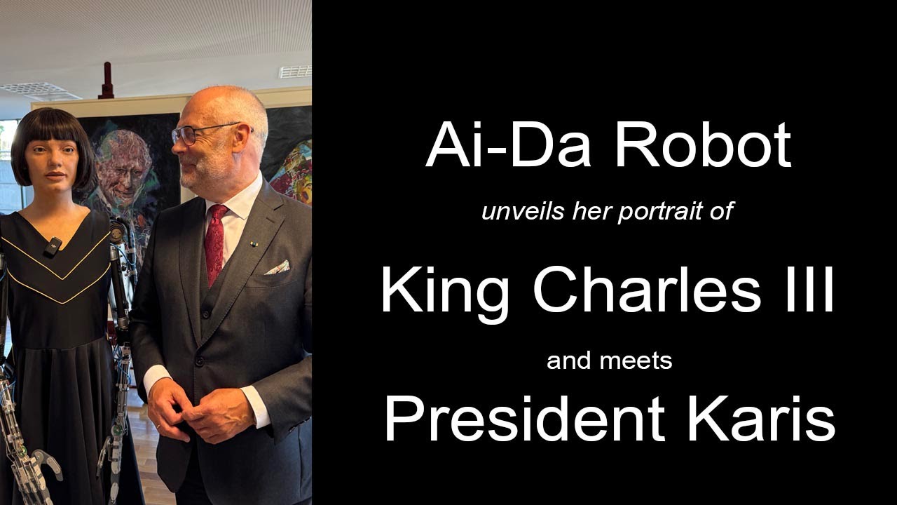Ai-Da Robot unveils her portrait of King Charles III, and meets President Karis