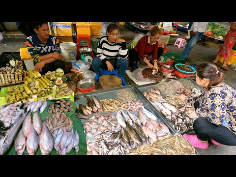 Cambodian Wet Market Food Scenes - People Activities, Fresh Fish, Vegetables, Meat, Pork & More