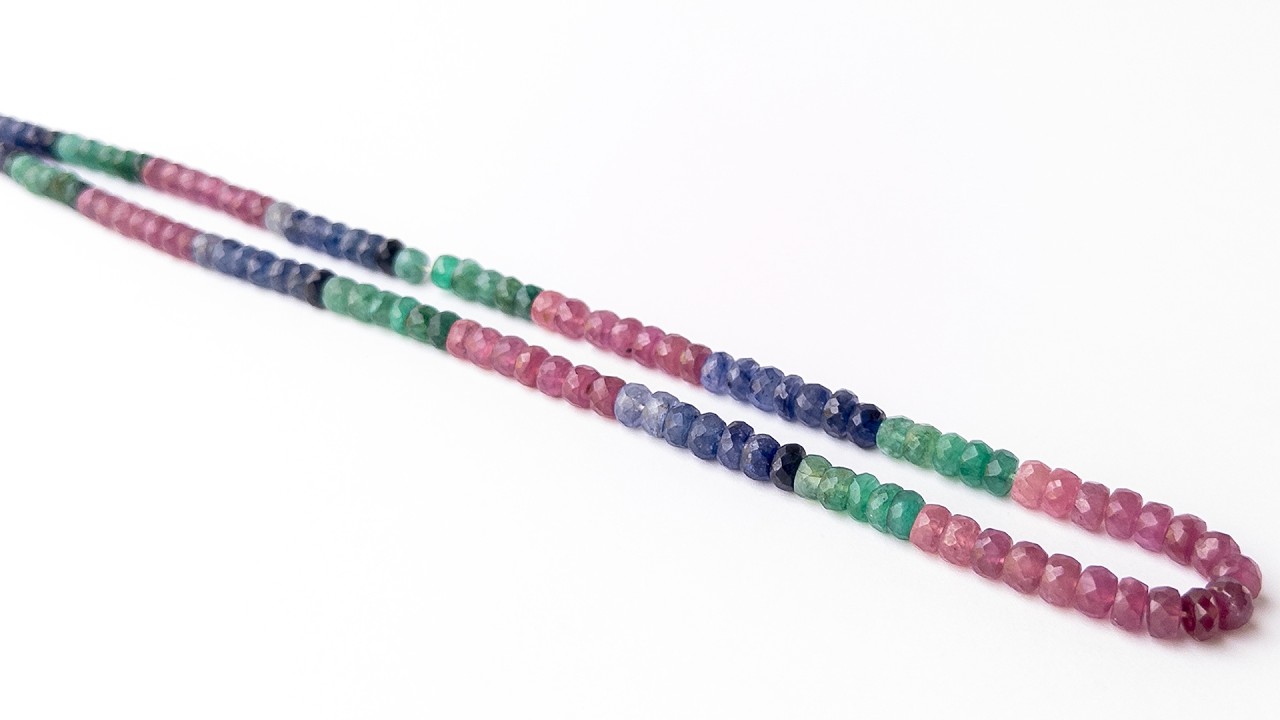 Multi Precious - Ruby, Blue Sapphire & Emerald | Faceted Rondelle | 5-6mm Bead Size | 42cm Strand Length | 143 Carats video