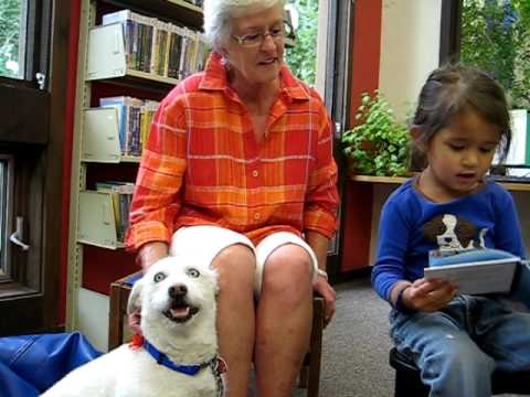 Samiha reads "Big Al" to a dog named Sky