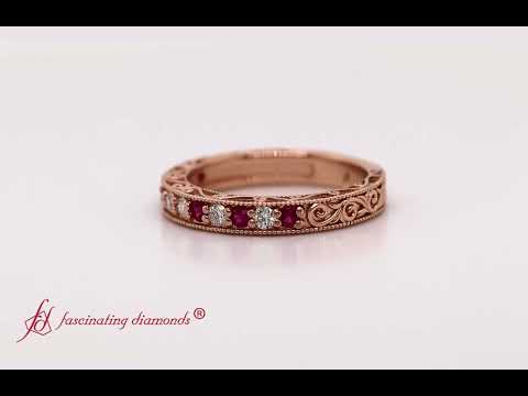 Vintage Pave Diamond Wedding Band With Ruby In 18K Rose Gold- FDENS3528B- Fascinating Diamonds