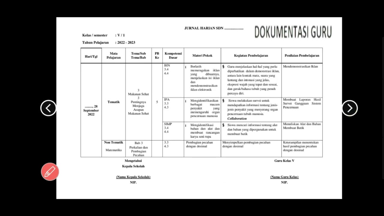 JURNAL HARIAN GURU KELAS 5 SEMESTER 1 TAHUN PELAJARAN 2022-2023