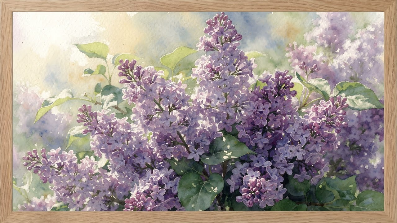 Watercolor Lilac Bush in a Wood Frame 💜 4K Floral TV Art 2 Hours| Soft Cottagecore Aesthetic — 4K ambient art screensaver in baroque gold frame