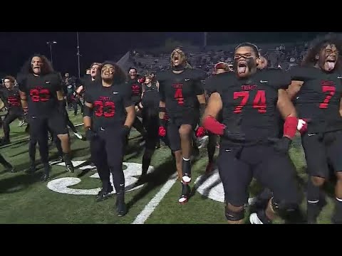 Euless Trinity's football team performs the Haka before facing Keller Timber Creek in the playoffs