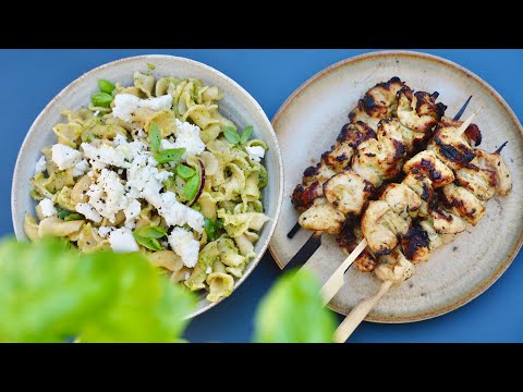 Lemon‑Preserved Pesto Chicken Skewers with Summer Pasta Salad