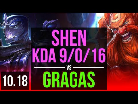 SHEN vs GRAGAS (TOP) | KDA 9/0/16, Rank 8 Shen, 1.1M mastery points | EUW Challenger | v10.18