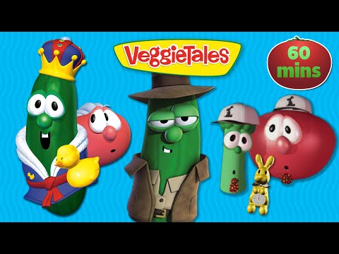 Group of VeggieTales vegetables in costumes on a bright blue background with a red '60 mins' badge at the top right.