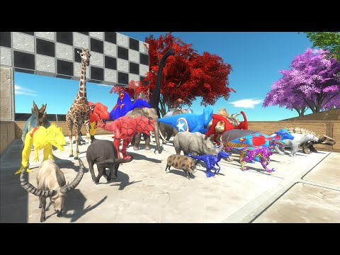 DINOSAURS RACING VS ANIMALS MEGA RAMPA CHALLENGE ! SUPERHERO SUPERMAN - Animal Revolt Battle Simulat