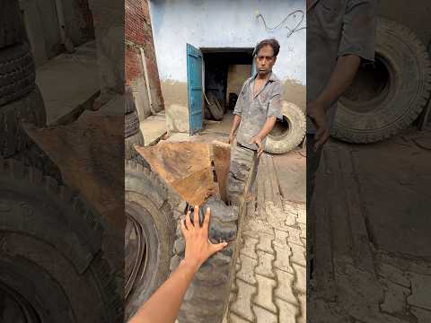 A Large truck tyre damaged by an iron rod and a large piece of wood was restored in India 🇮🇳