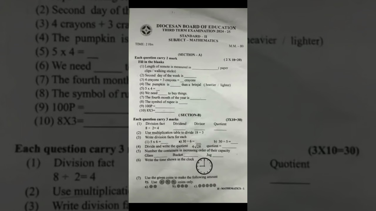 ICSE Class 2nd# Maths#second term sample paper