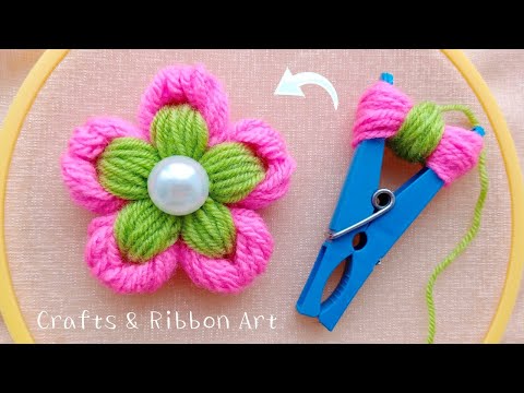 Super Easy Woolen Flower Making Ideas - DIY Flowers with Yarn - Hand Embroidery Amazing Trick