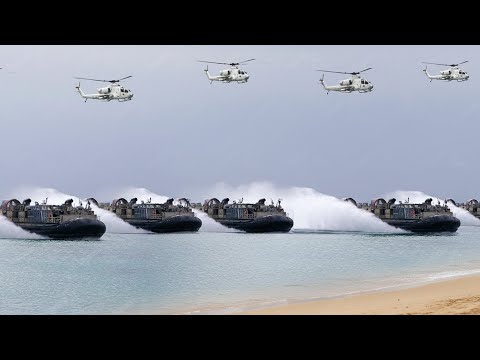 US Marines Intense Beach Landing With Massive Number of Hovercrafts and Helicopters