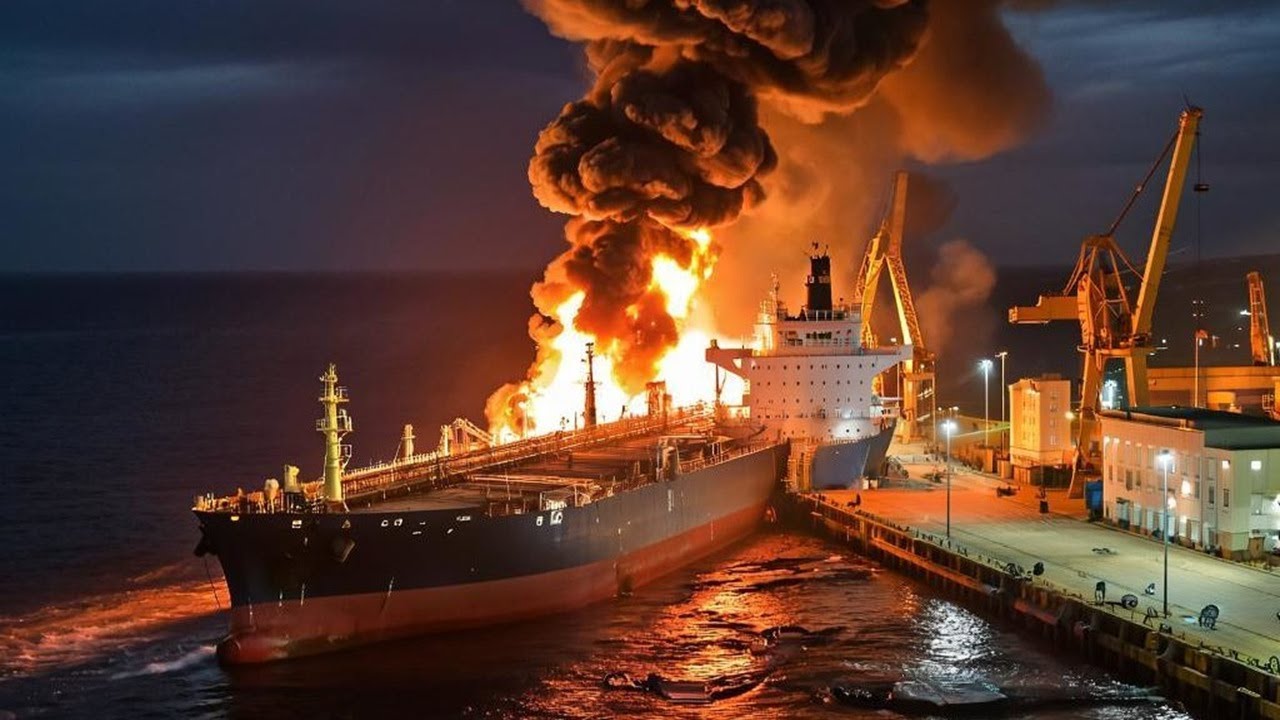 RUSSIANS ARE WATCHING IN FEAR AS A TANKER CATCHES FIRE FOLLOWING A UKRAINIAN ATTACK IN THE BLACK SEA