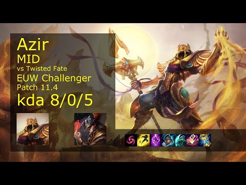 Azir vs Twisted Fate Mid - EUW Challenger 8/0/5 Patch 11.4 Gameplay