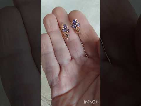 Оригинальный подарок девушке серьги "Аметистовые бутоны" медзолото 18К с цирконами в бархатной коробочке - фото 1 - id-p490554089