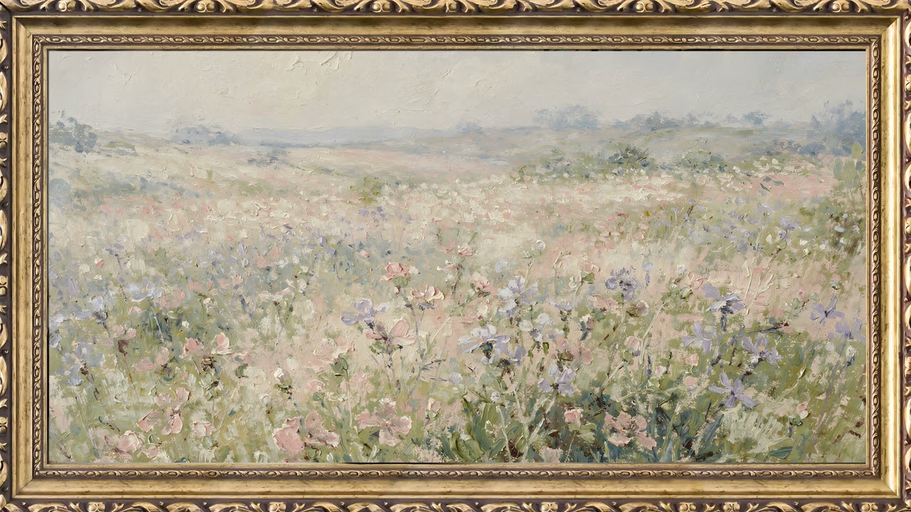 Pastel Wildflower Meadow 🌸 | 4K Frame TV Art (2 Hours Relaxing Visual) — 4K ambient art screensaver in baroque gold frame