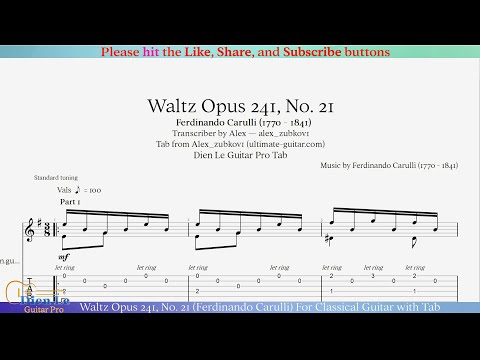 Waltz Opus 241, No. 21 (Ferdinando Carulli) For Classical Guitar with Tab