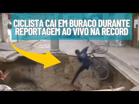 Ciclista cai em cratera durante reportagem ao vivo na Record em Mesquita RJ