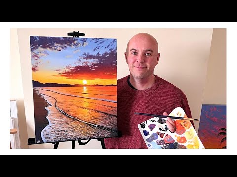 How to paint a Sunset over the ocean - Acrylic painting tutorial ocean sunset beach painting