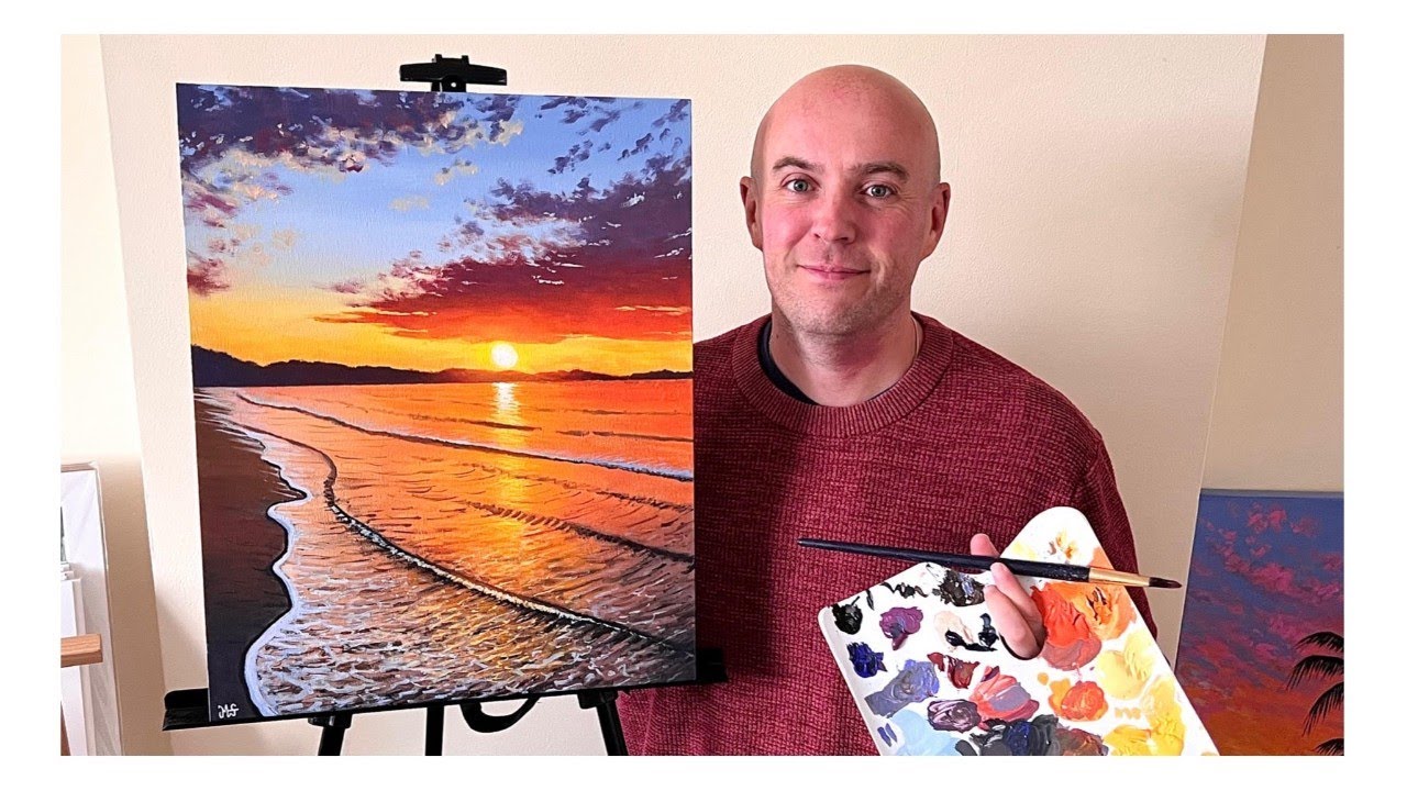 How to paint a Sunset over the ocean - Acrylic painting tutorial ocean sunset beach painting
