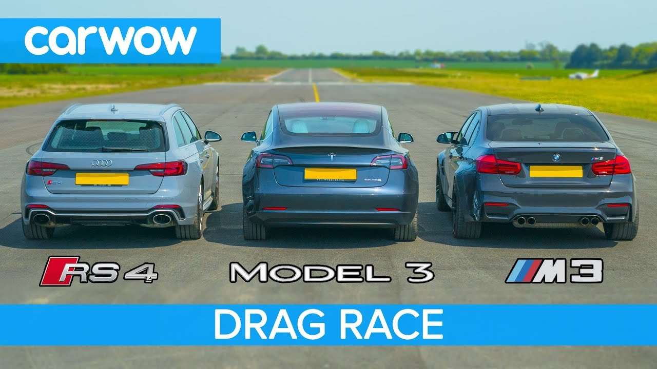 Tesla Model 3 P vs BMW M3 vs Audi RS4 - DRAG RACE, ROLLING RACE & BRAKE TEST