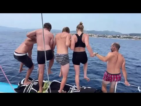 Leg 7 Winner Team Malizia Finish Genova Italy. After Finish Chase Boat Interviews/Action/Swimming