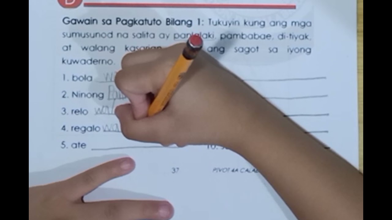 Tukuyin kung PANLALAKI, PAMBABAE, DI TIYAK at WALANG KASARIAN. Filipino 1 Q3