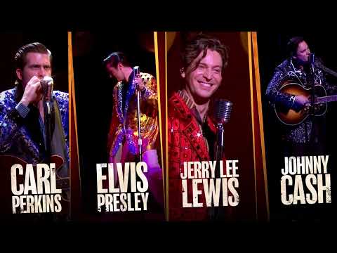 Million Dollar Quartet musical trailer still of the four musicians at Sun Records microphones