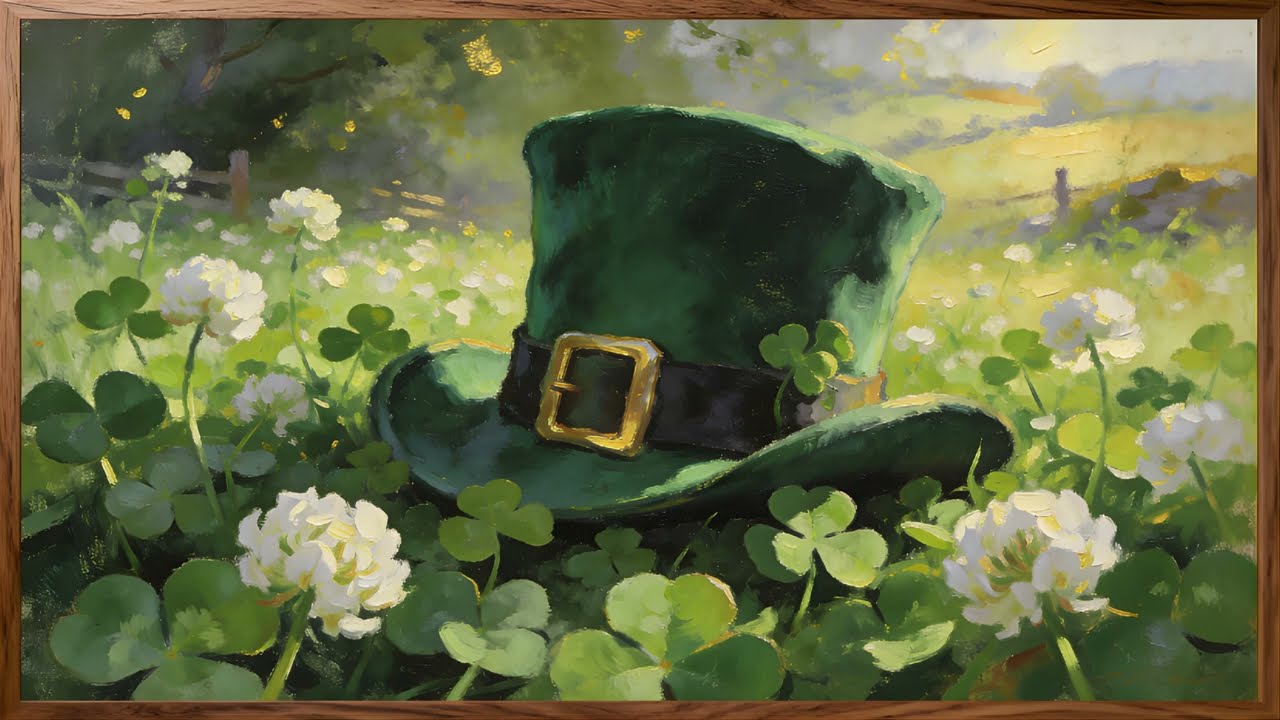 St. Patrick’s Day Green Clover Frame TV Art 🍀 | Irish Lucky Hat Painting | 4K Ambient TV Screensaver