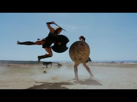 Troy. Achilles attacks in a jump.