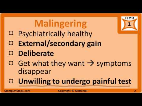Malingering, Somatoform Disorder, Munchausen, Factitious Disorder, Hypochondriac